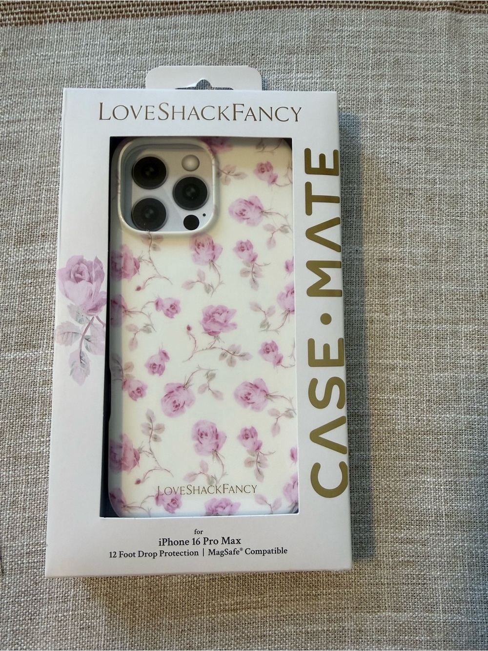 LoveShackFancy Cream Case with Pink Floral Print for iPhone 16 Pro Max